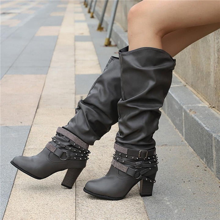 Pippa | Slouch Boots with Studded Strap Heel