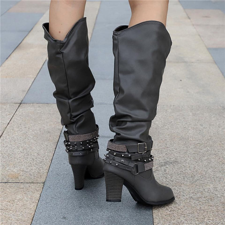 Pippa | Slouch Boots with Studded Strap Heel