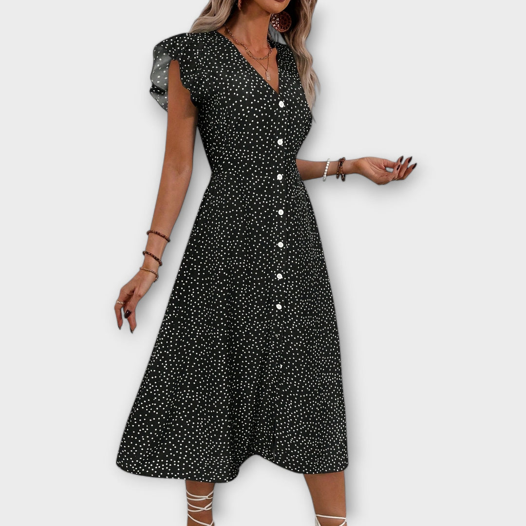Mira | Polka Dot Midi Dress with Ruffle Sleeves