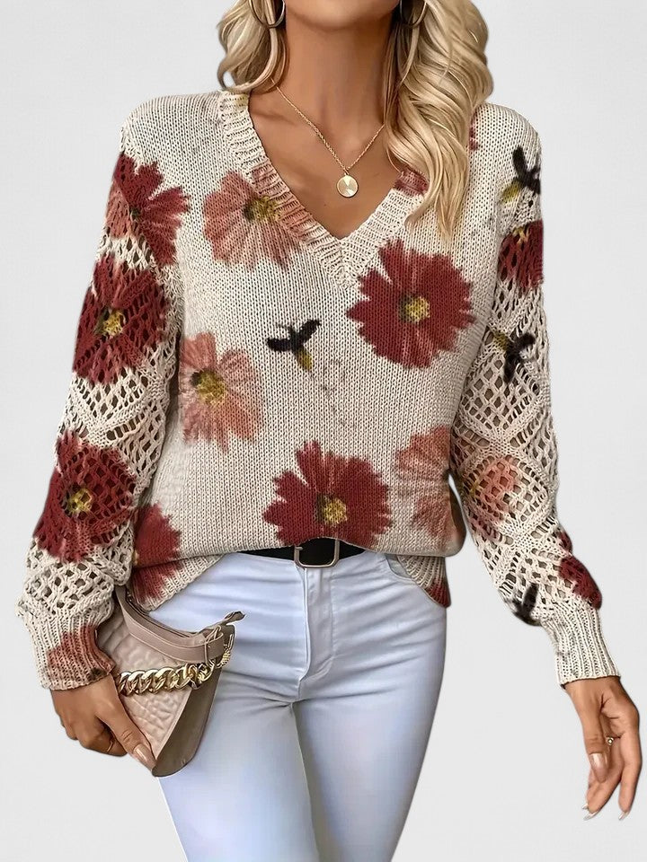 Maren | Floral V-Neck Sweater with Crochet Sleeves