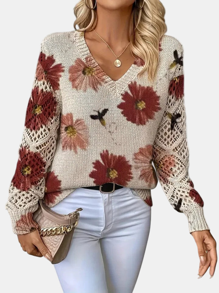Latifa | Casual Floral V-Neck Crochet Sleeve Sweater