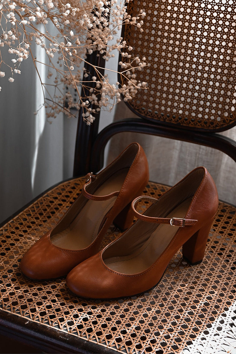Lolita | Tan Block Heel Mary Jane Pumps
