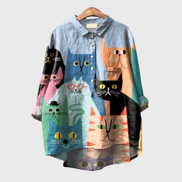 Rachelle | Cat Print Button-Up Blouse with Collar