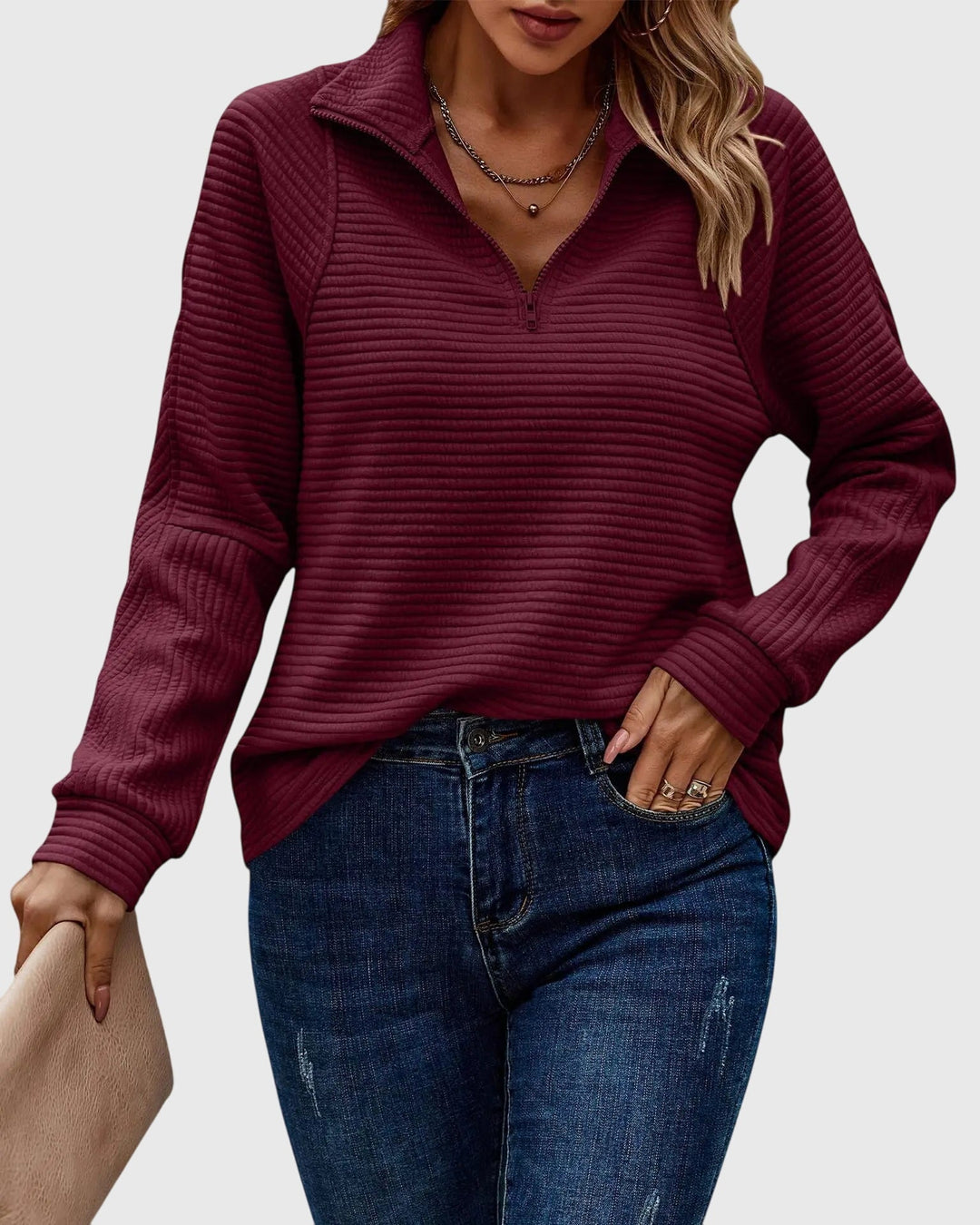 Rexana | Ribbed Quarter Zip Sweater with Collar