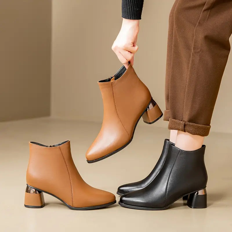 Dafne | Pointed Toe Block Heel Ankle Boots with Side Zip