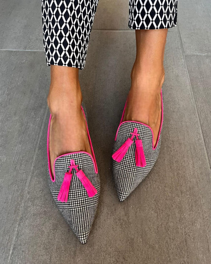 Aislinn | Houndstooth Pointed-Toe Flats with Pink Tassels