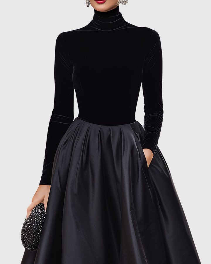 Hadassah | Black Velvet Satin Midi Dress Turtleneck