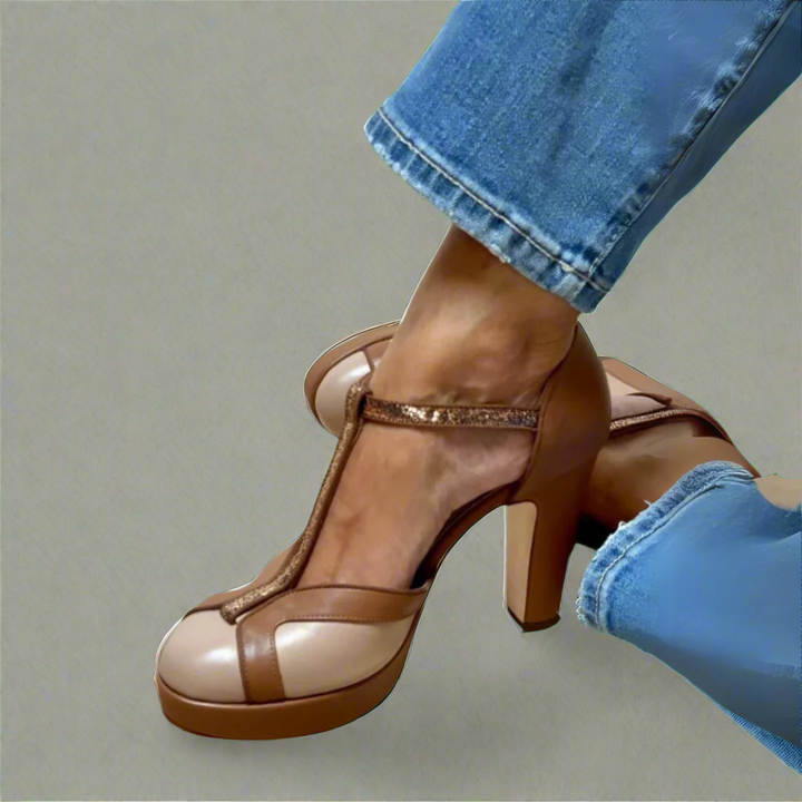 Aura | Brown T-Strap Mary Jane Platform Heels