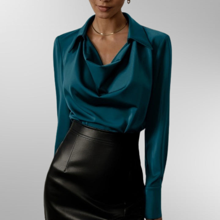 Una | Satin Cowl Neck Blouse with Collar