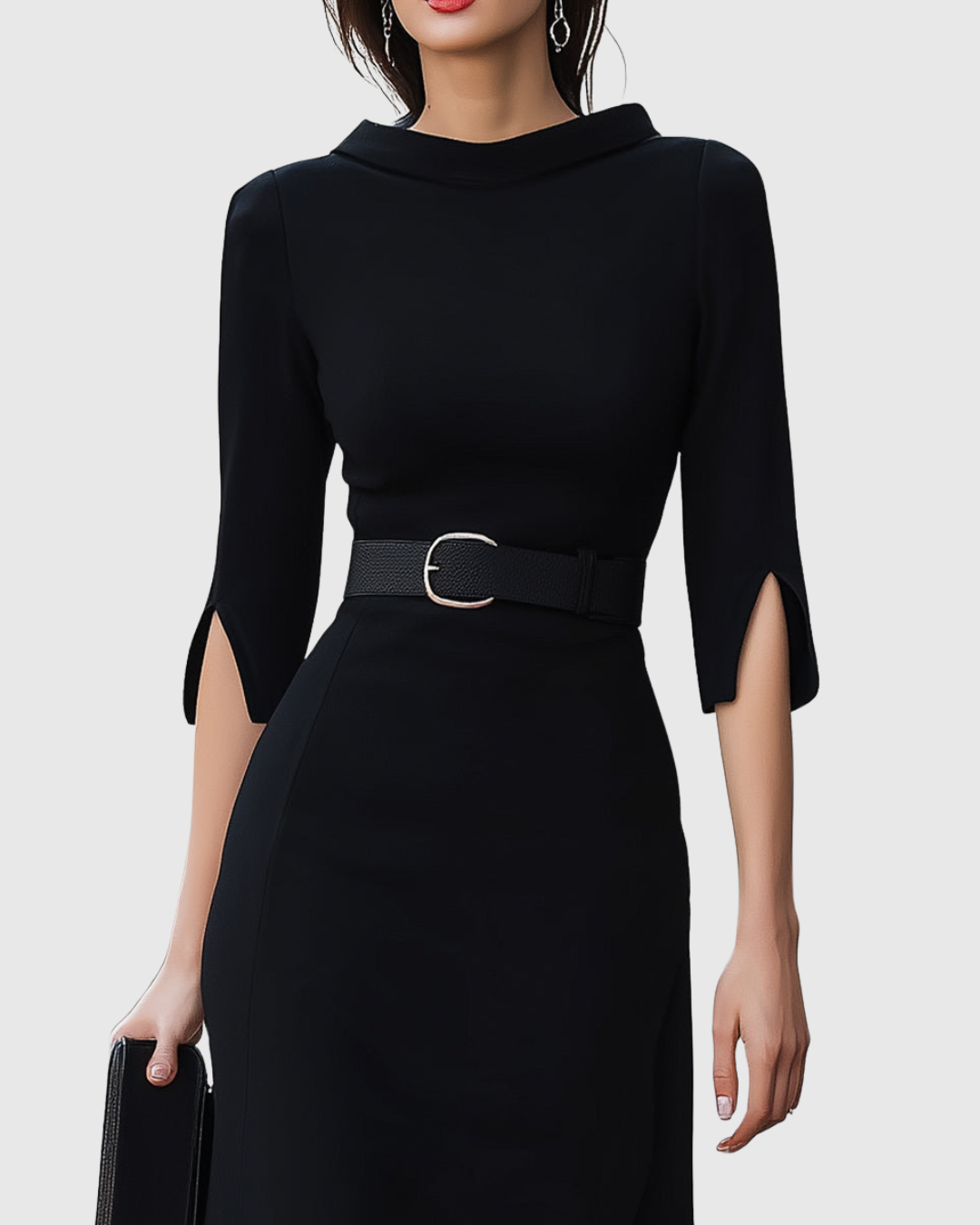 Delphina | Black Belted Midi Dress Three-Quarter Sleeves
