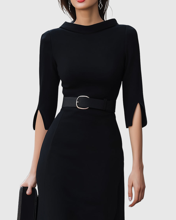 Delphina | Black Belted Midi Dress Three-Quarter Sleeves