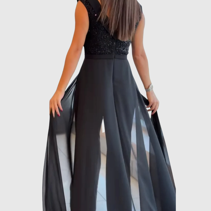 Cassandra | Black Sequin Empire Waist Jumpsuit Gown