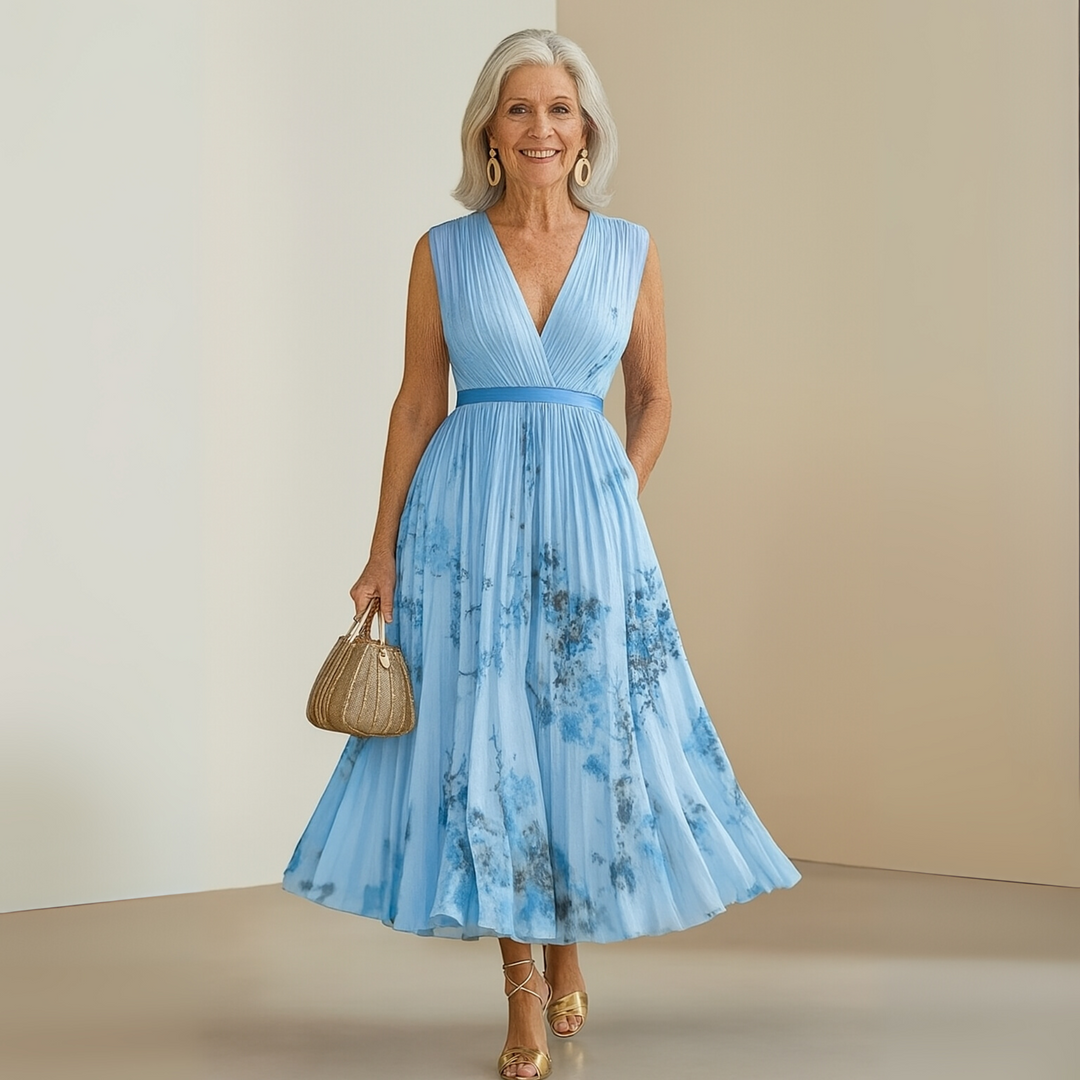 Bellamira | Floral Pleated Empire Waist Dress V-Neck