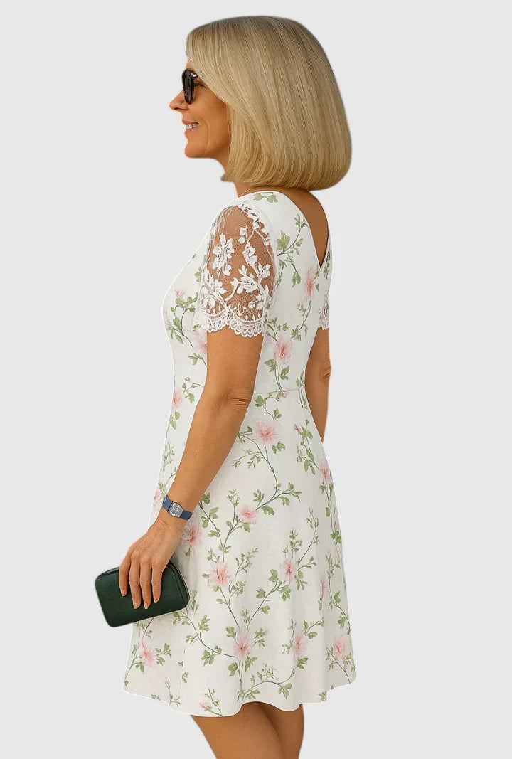 Marsali | Floral Empire Waist Dress with Lace Sleeves