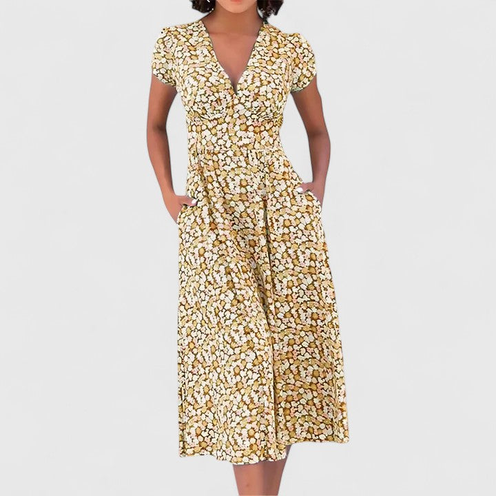 Cordula | Floral V-Neck Midi Dress with Pockets