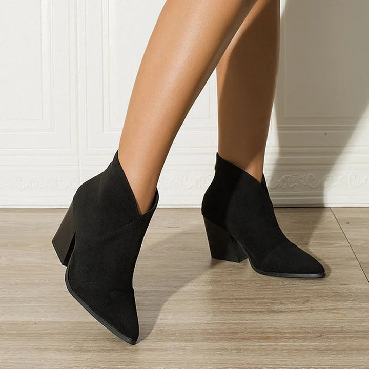Roxana | Black Pointed Toe Ankle Boots with Block Heel