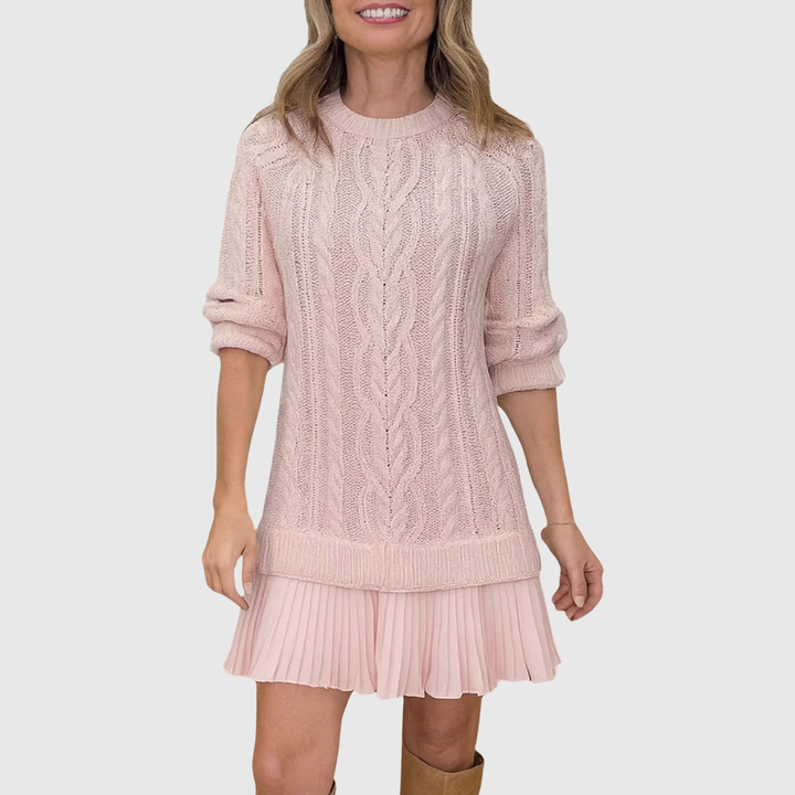 Hilde | Cable Knit Sweater Dress with Pleated Hem