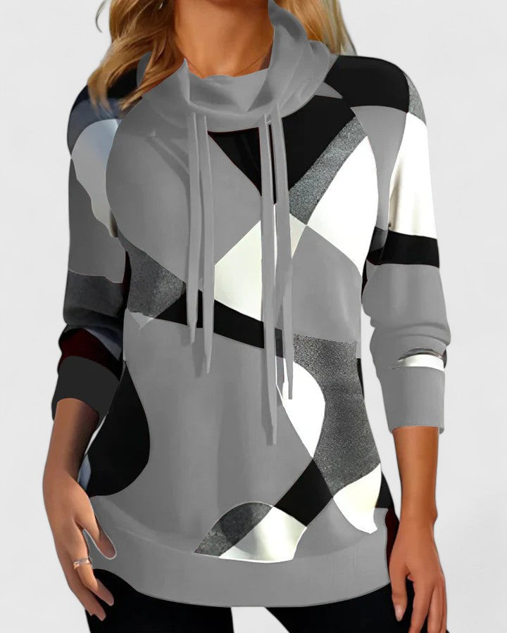 Clare | Geometric Print Mock Neck Sweater with Drawstring