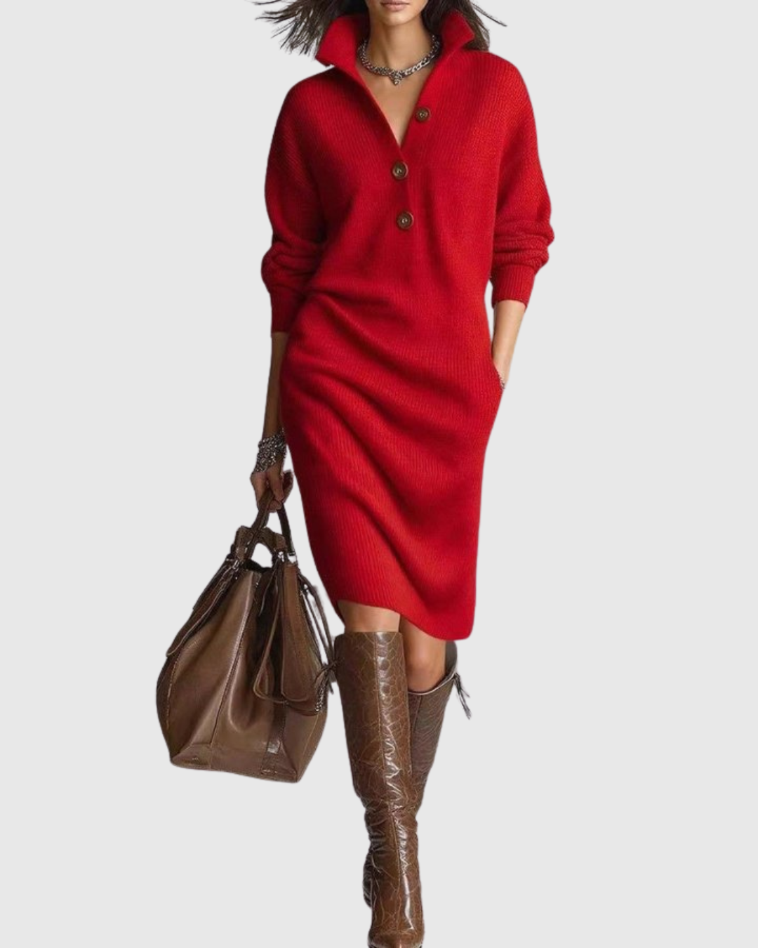 Idalia | Knit Midi Dress with Buttoned Henley