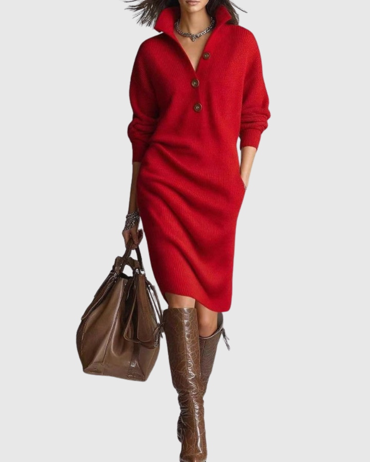 Idalia | Knit Midi Dress with Buttoned Henley