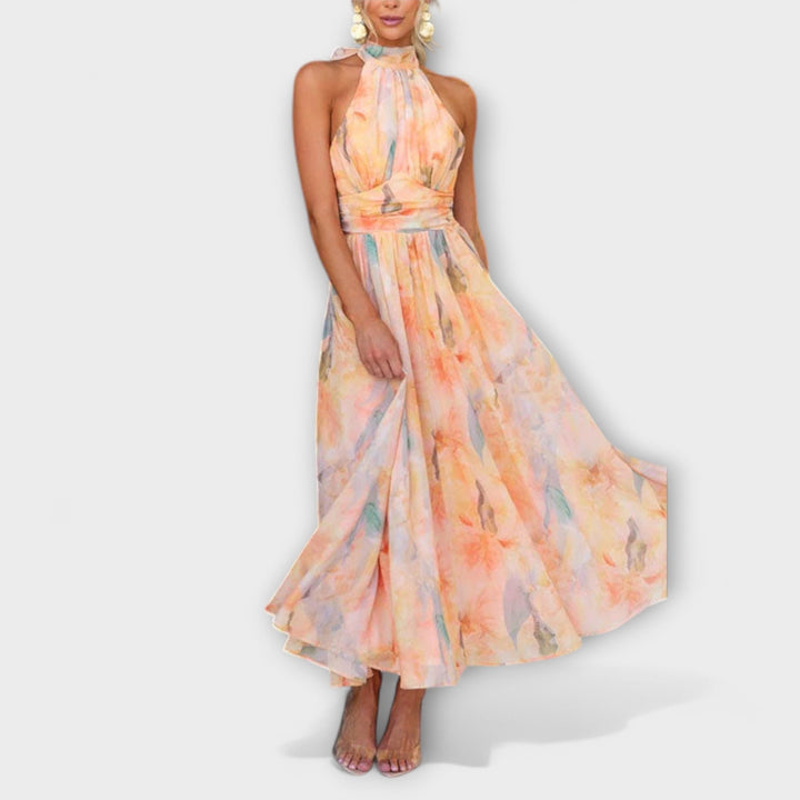 Tabitha | Peach Floral Halter Neck Maxi Dress