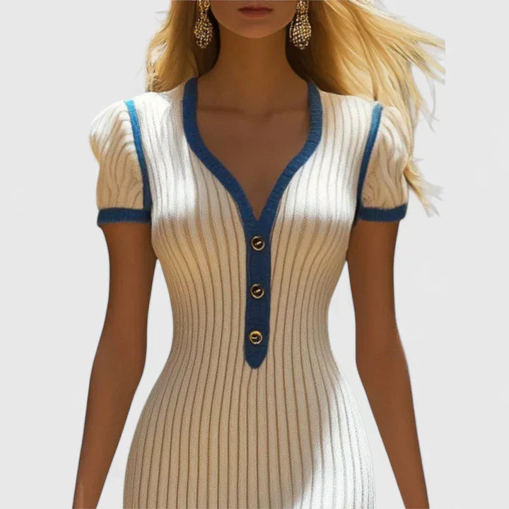 Cordella | White Ribbed Knit Midi Dress V-Neck