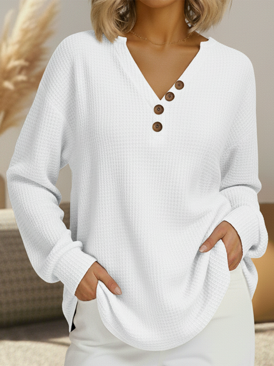 Estefania | Waffle Knit V-Neck Henley Sweater