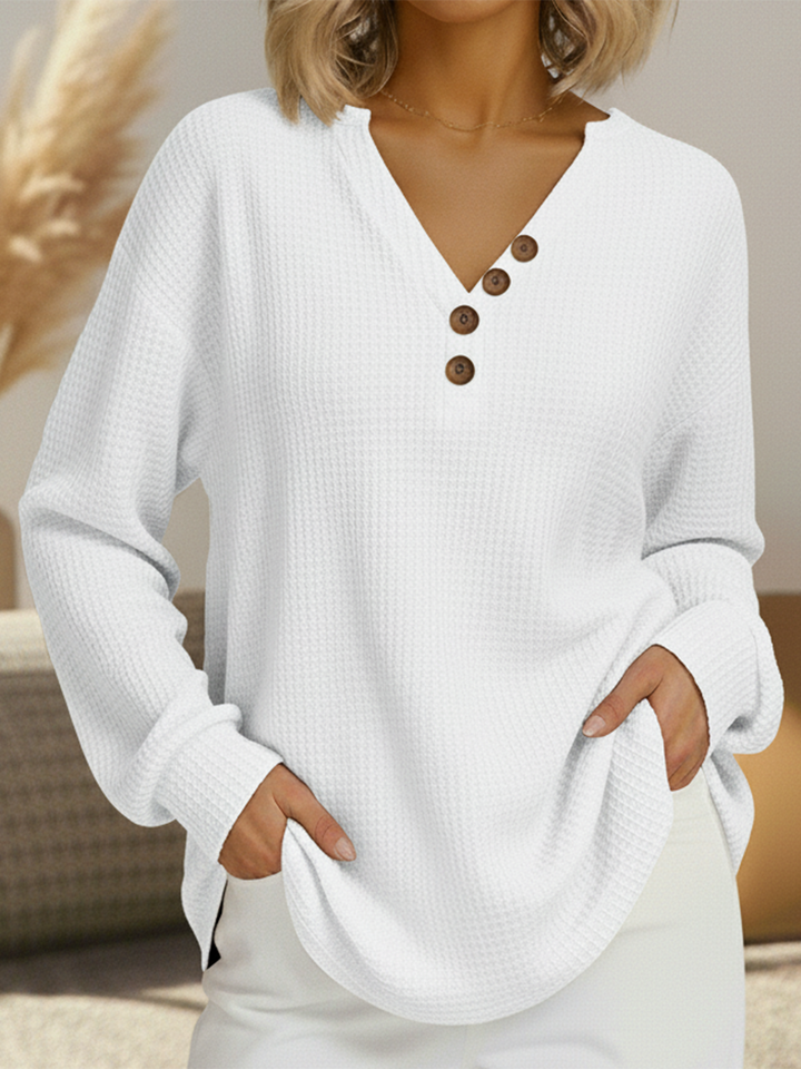 Estefania | Waffle Knit V-Neck Henley Sweater