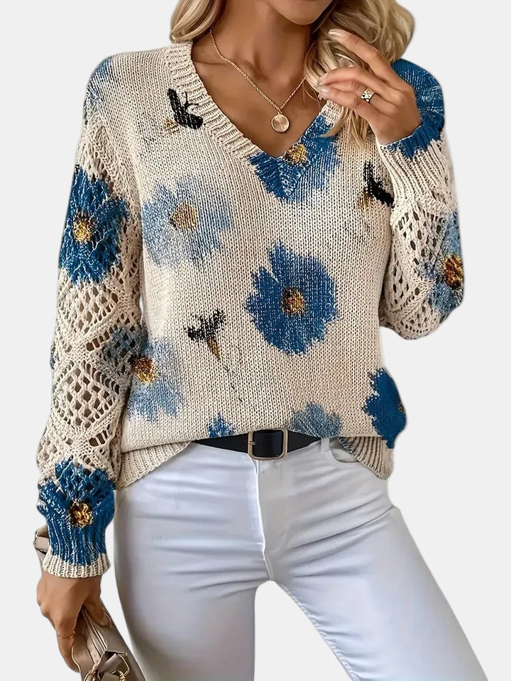 Latifa | Casual Floral V-Neck Crochet Sleeve Sweater