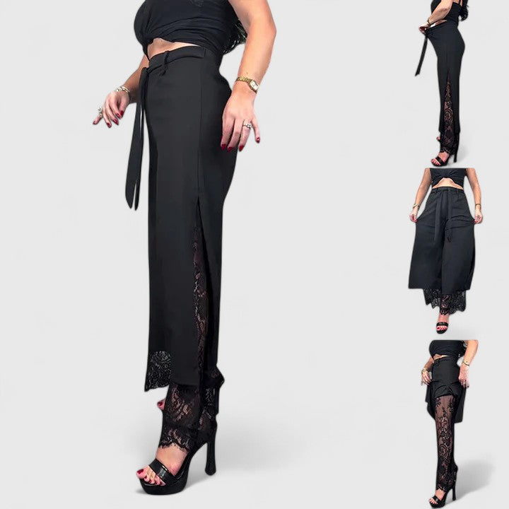 Shanti | Black Wide Leg Pants with Lace Hem