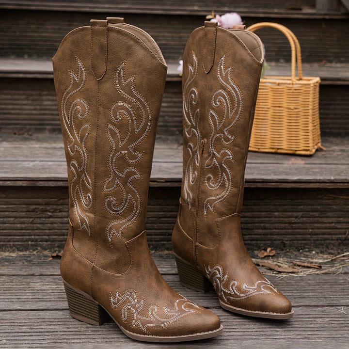 Drew | Embroidered Knee-High Cowboy Boots with Block Heel