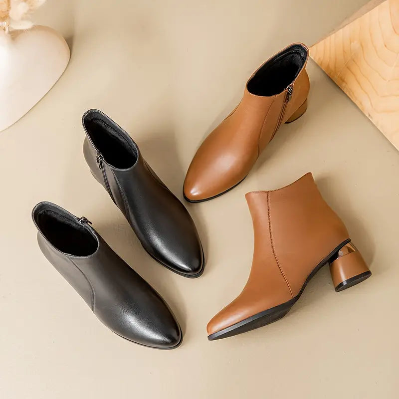 Dafne | Pointed Toe Block Heel Ankle Boots with Side Zip