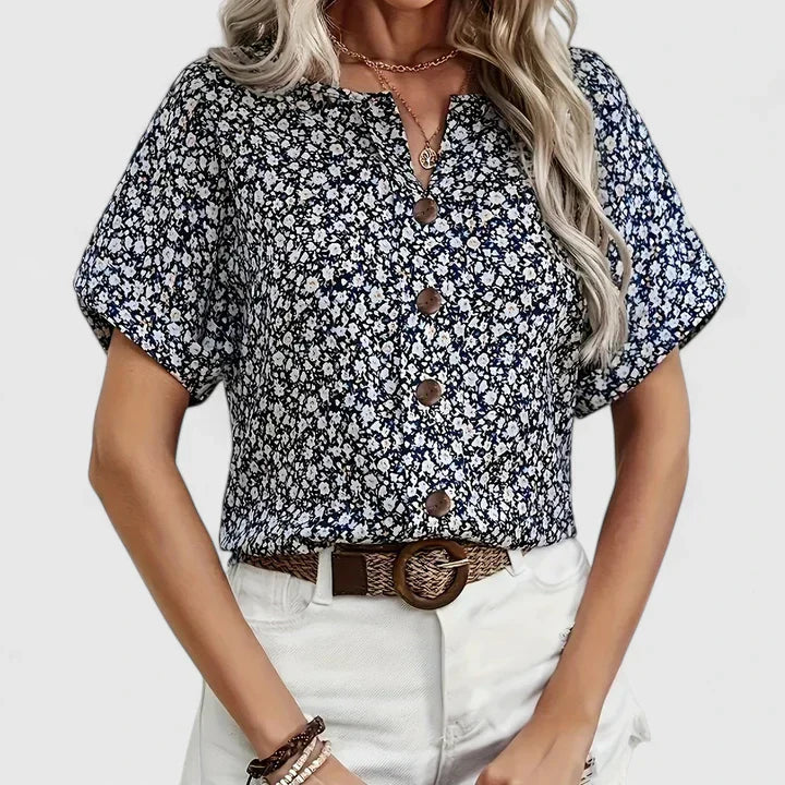 Dixie | Ditsy Floral Button-Up Blouse Short Sleeve