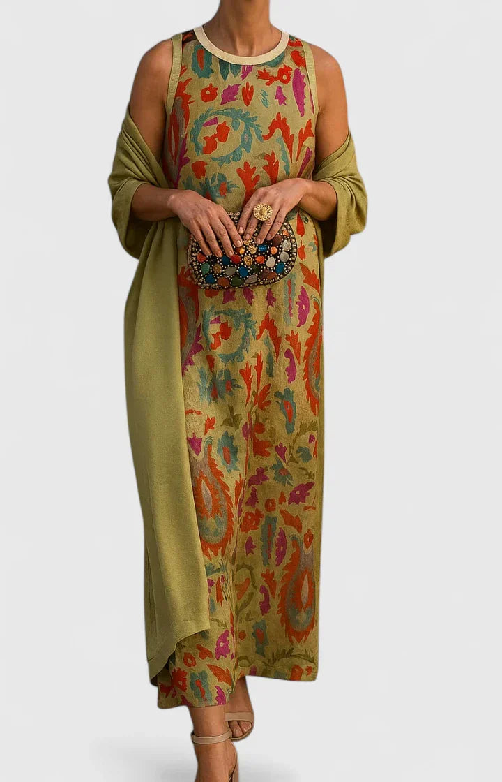 Esme | Printed Sleeveless Maxi Dress with Kimono