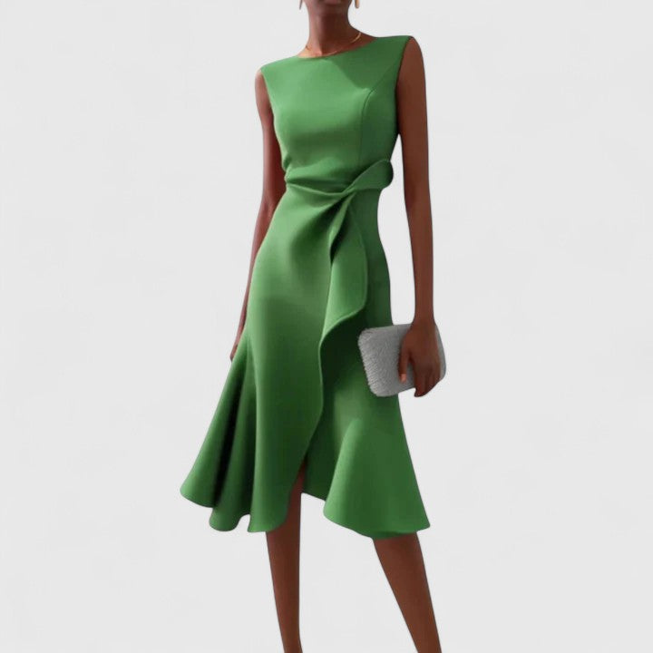 Fiorella | Asymmetrical Ruffle Midi Dress Sleeveless