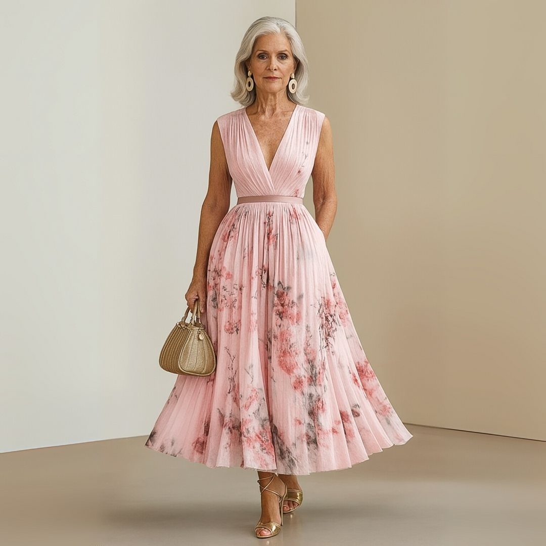 Bellamira | Floral Pleated Empire Waist Dress V-Neck