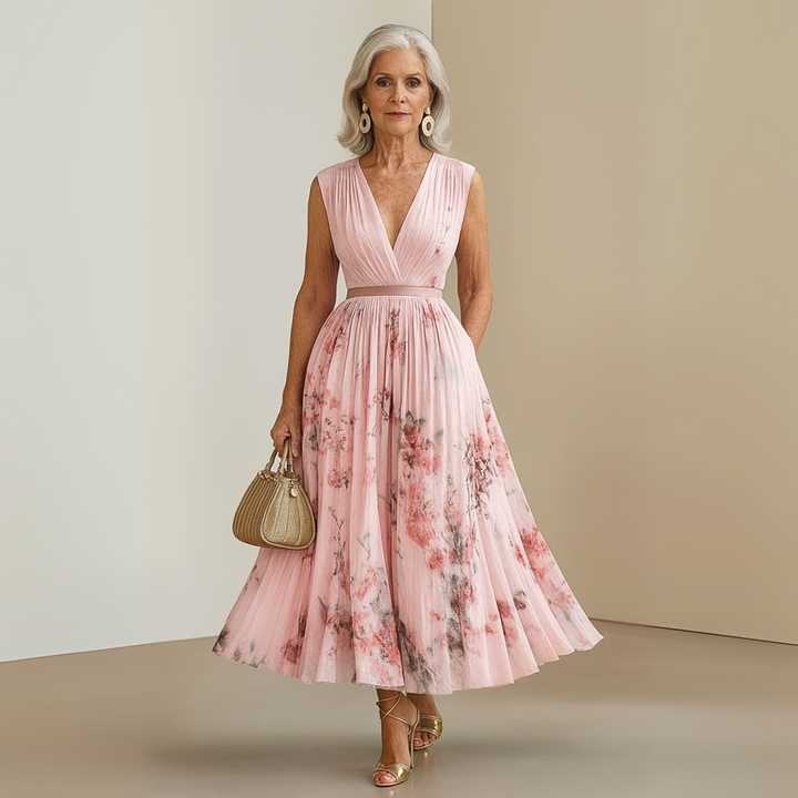 Bellamira | Floral Pleated Empire Waist Dress V-Neck