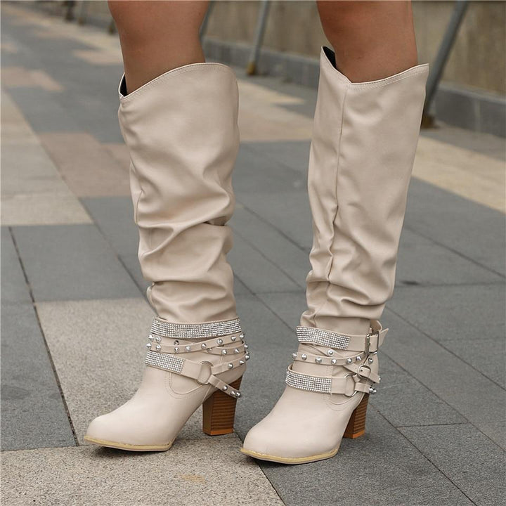 Pippa | Slouch Boots with Studded Strap Heel