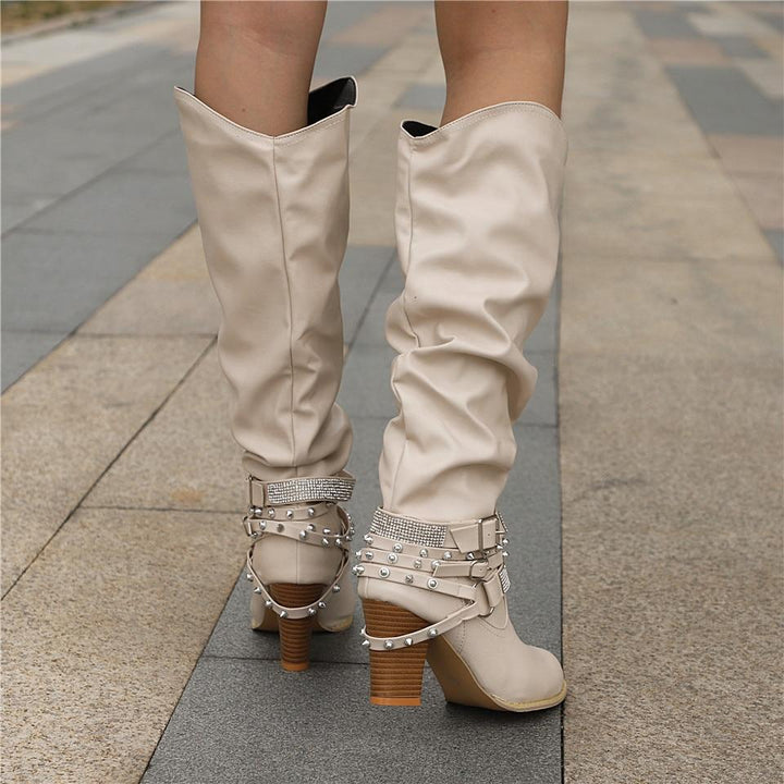 Pippa | Slouch Boots with Studded Strap Heel