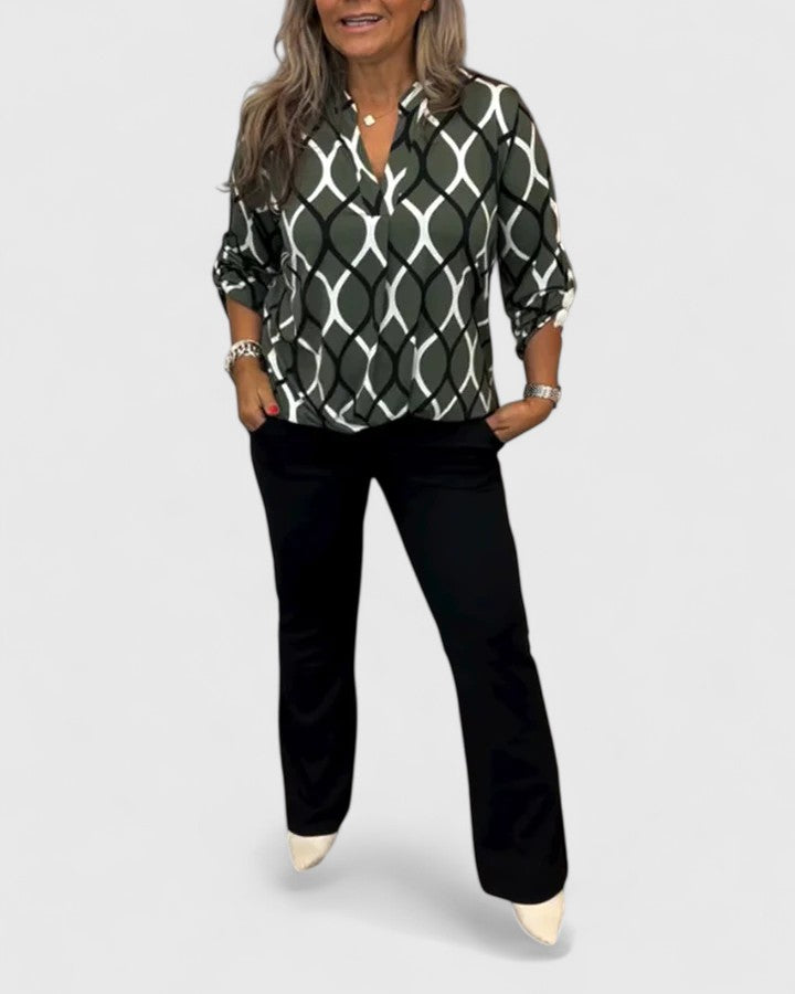 Essie | Geometric Print Long Sleeve Blouse with V-Neck