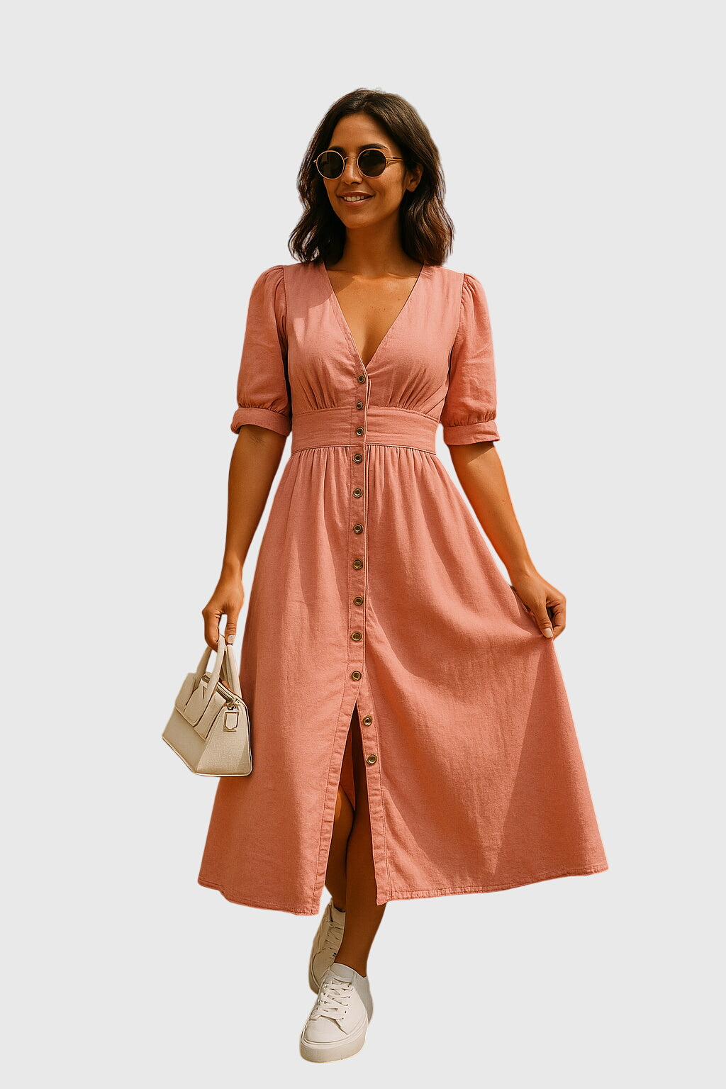 Elodia | Button-Front Denim Midi Dress with V-Neck