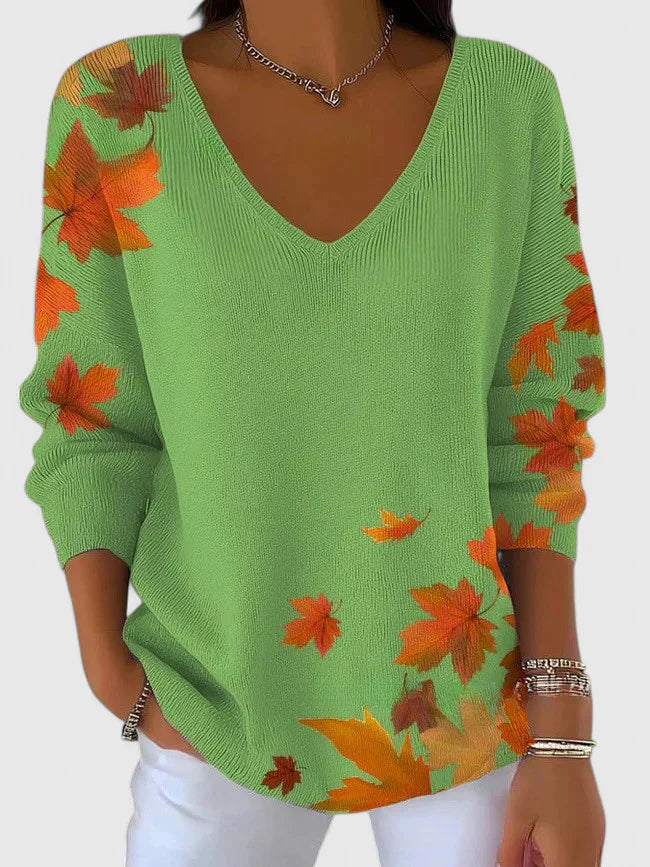 Magda | Maple Leaf Print V Neck Sweater