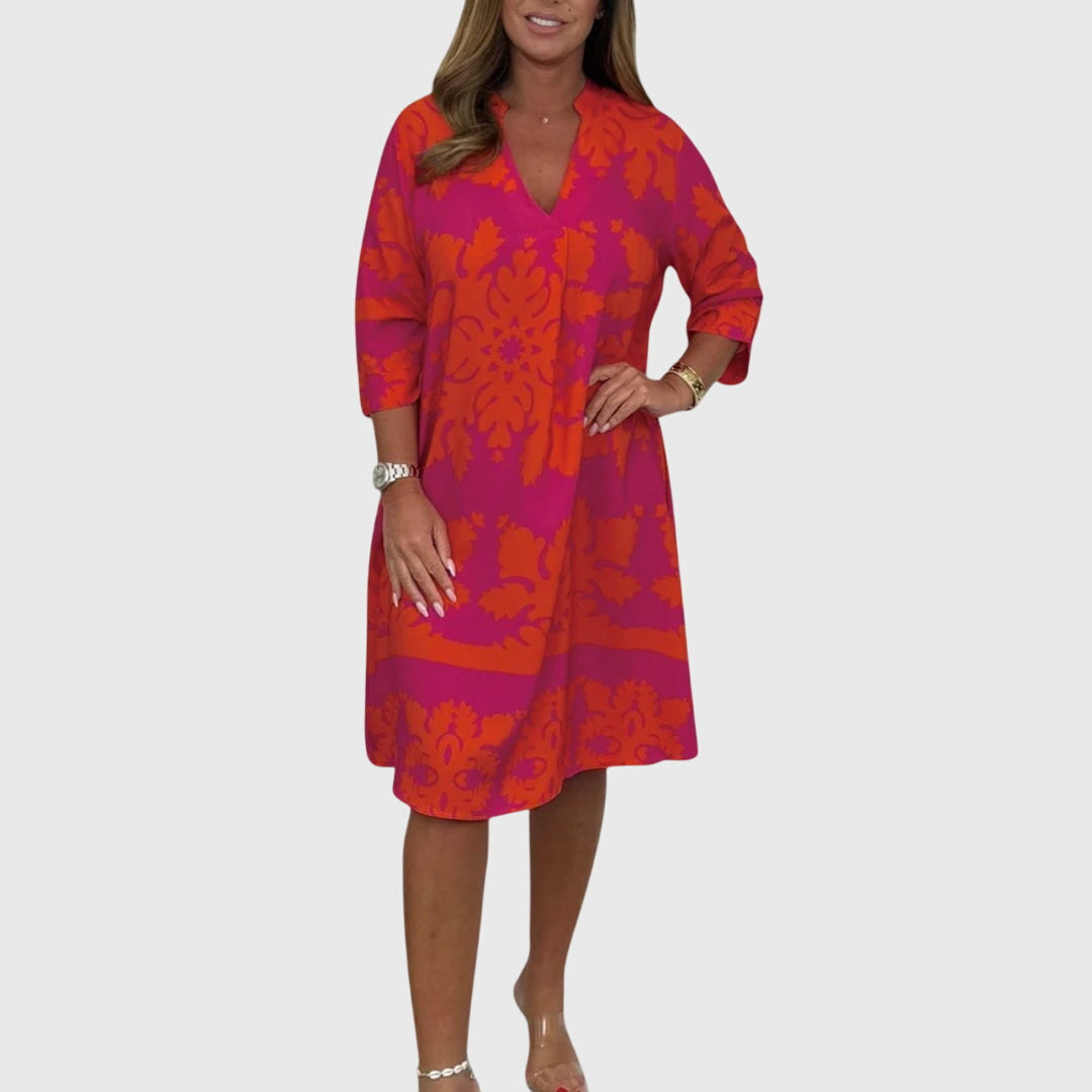 Calantha | Damask Print V-Neck Shift Dress