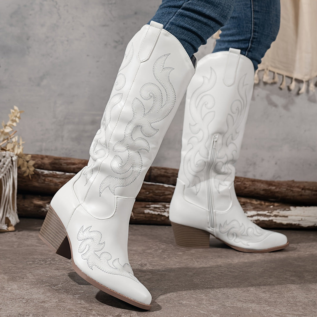Drew | Embroidered Knee-High Cowboy Boots with Block Heel
