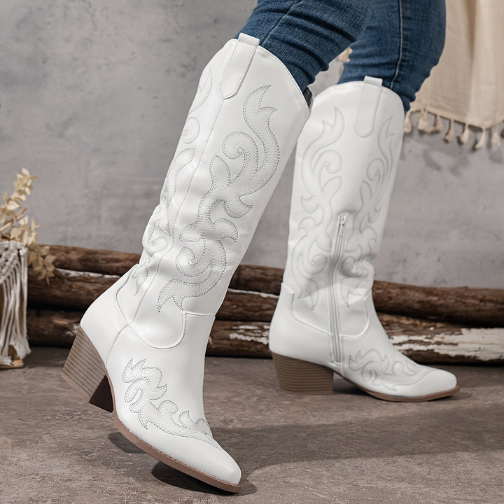 Drew | Embroidered Knee-High Cowboy Boots with Block Heel