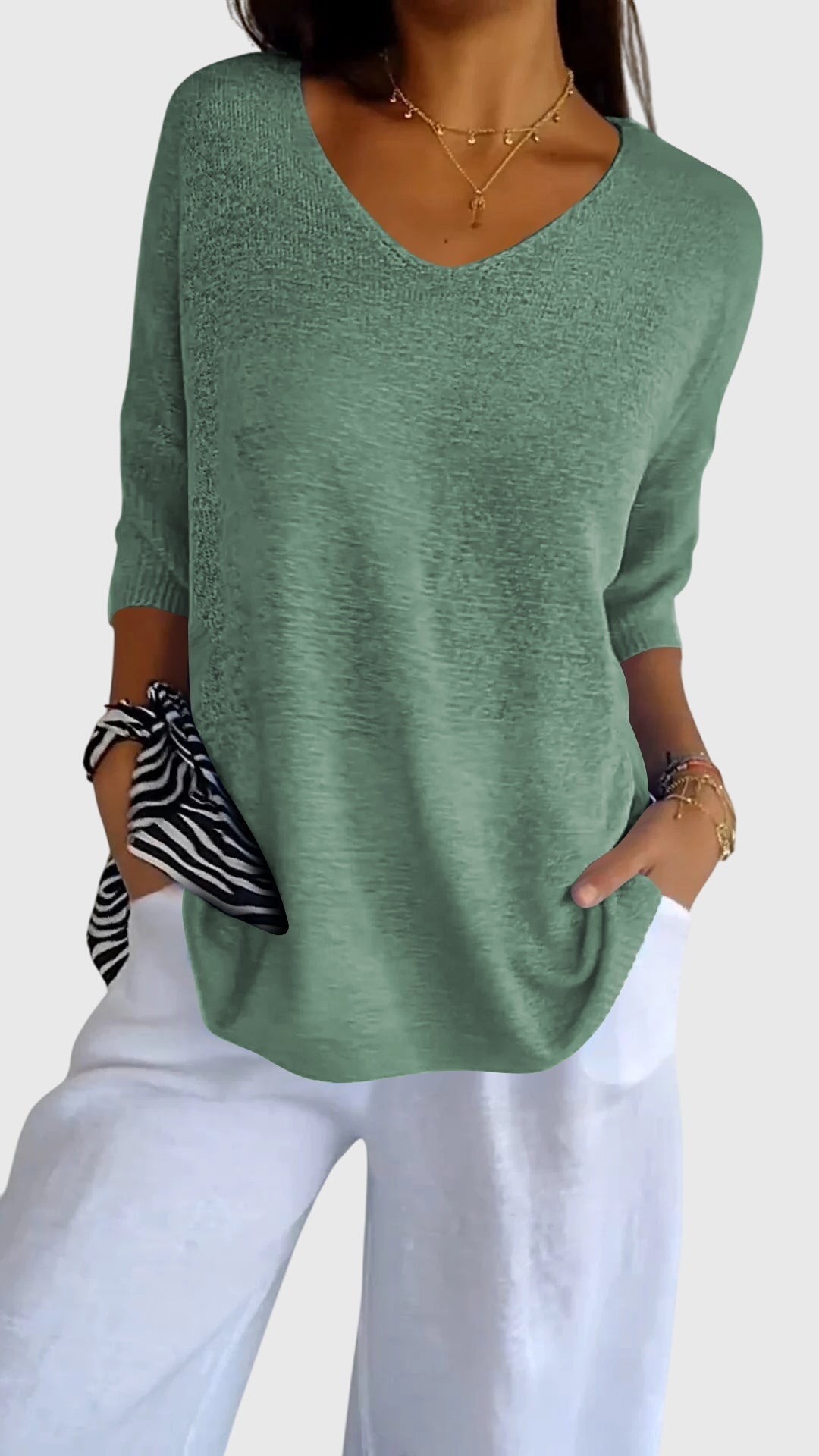Gardenia | V-Neck Knit Tunic Top with 3/4 Sleeves