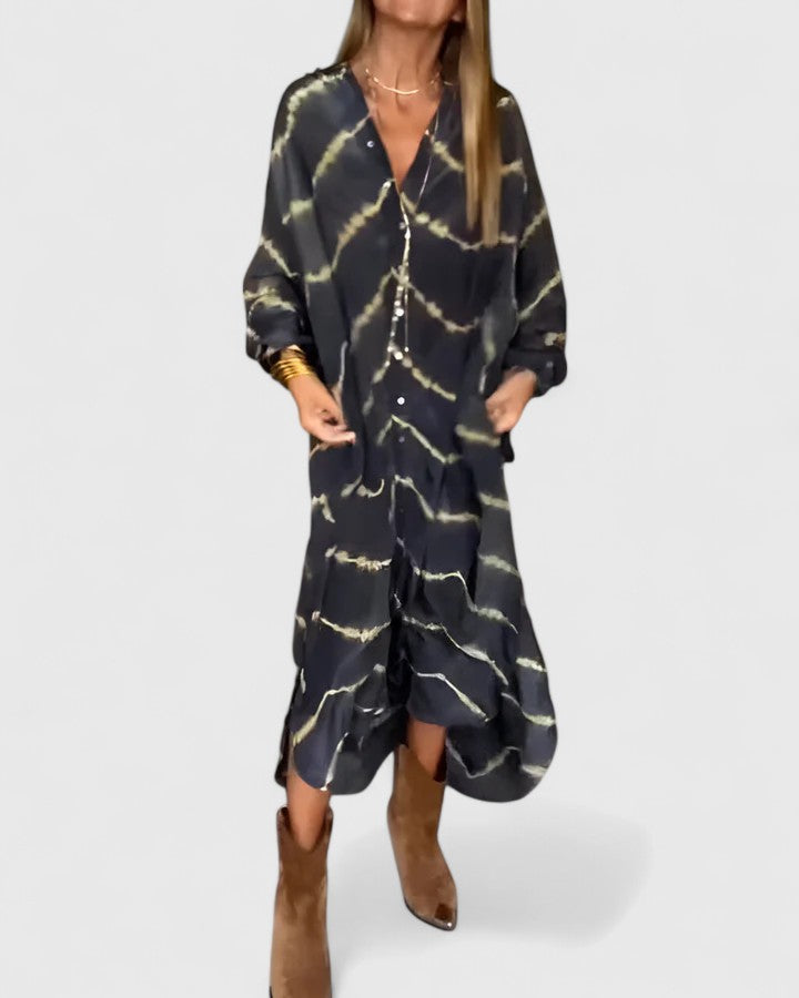 Elara | Black Tie-Dye Shirt Maxi Dress Long Sleeve