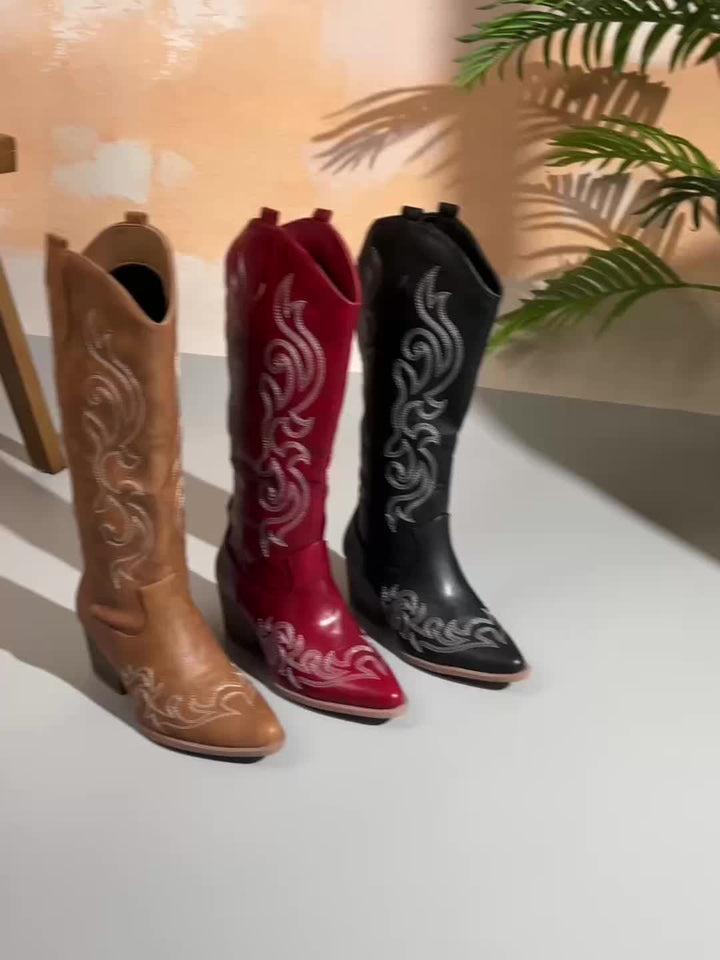 Drew | Embroidered Knee-High Cowboy Boots with Block Heel