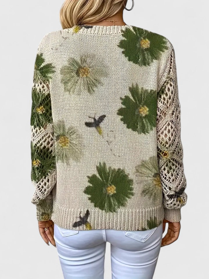 Maren | Floral V-Neck Sweater with Crochet Sleeves