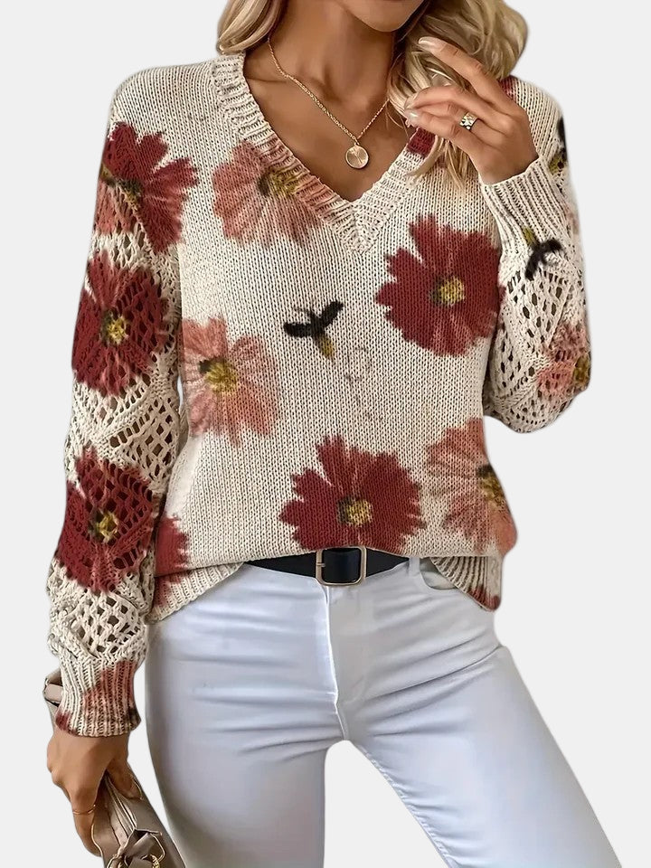 Latifa | Casual Floral V-Neck Crochet Sleeve Sweater